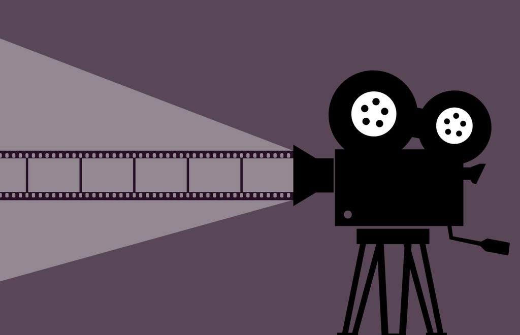 Black Cartoon Vintage film projector silhouette projecting a movie strip